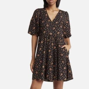 Madewell Poplin Cotton V-Neck Bubble-Sleeve Mini Dress February Floral